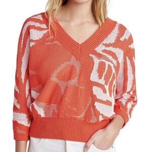 Anthropologie Callahan Jacquard Knit V-Neck Sweater Tangerine Cotton Knit